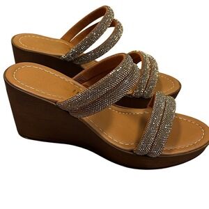 Mariella Womens Bronze Leather Embellished Wedge Sandals Size 7.5 Sparkly Bling